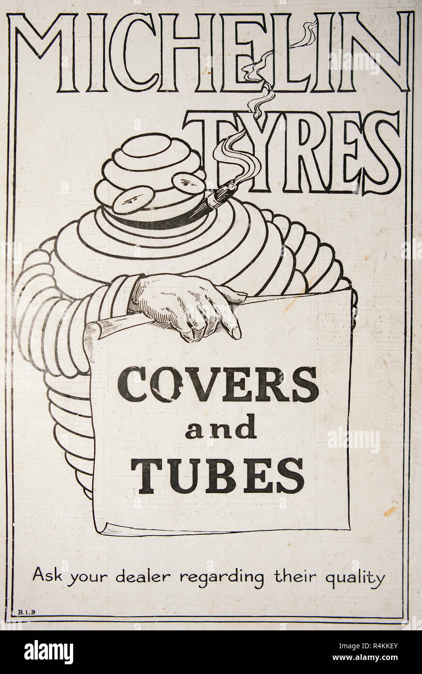 Un vecchio annuncio per pneumatici Michelin. Da un vecchio rivista britannica dal periodo 1914-1919. Foto Stock