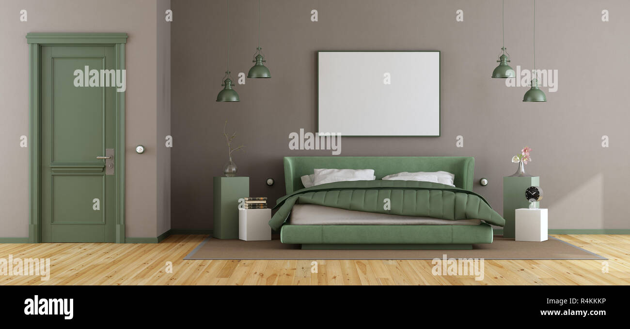 Elegante camera da letto padronale con verde matrimoniale e parete marrone - 3d rendering Foto Stock