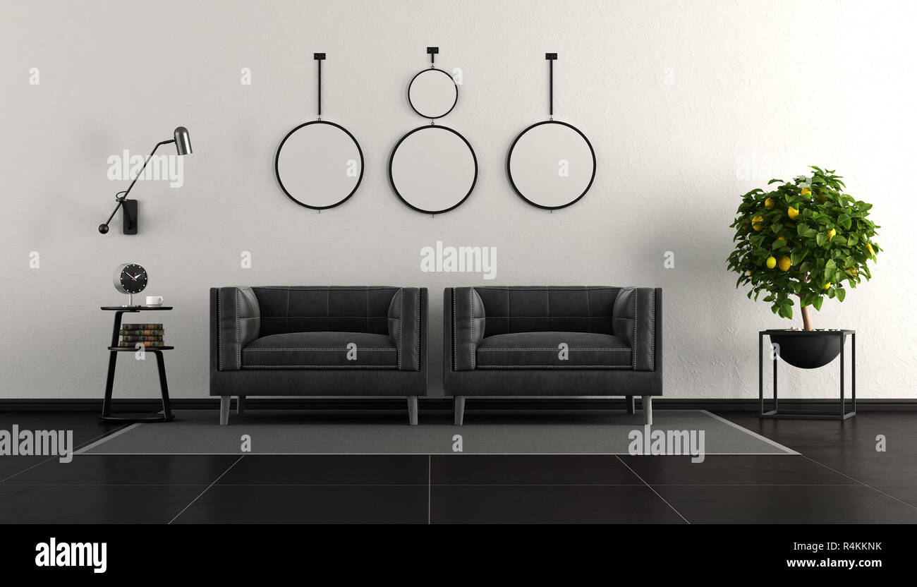 Bianco e nero moderno soggiorno con due poltrone - 3d rendering Foto Stock