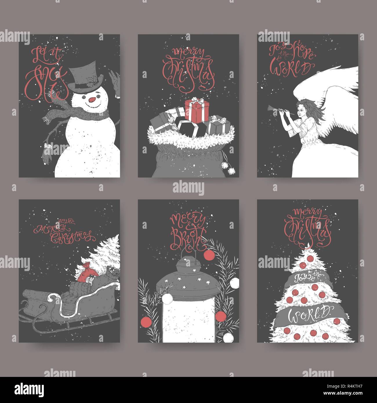 Set di sei in bianco e nero di banner con spazzola di scritte, mattatore, Angelo, slitta, lanterna, albero di Natale, borsa regalo. Illustrazione Vettoriale