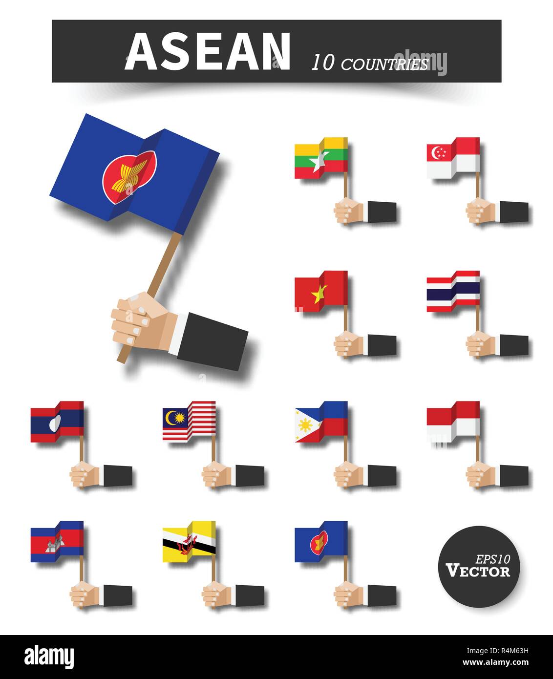ASEAN . Associazione delle nazioni del sud-est asiatico . La mano di imprenditore attesa e wave polo bandiera bianca su sfondo isolata . Design piatto . Elementi vec Illustrazione Vettoriale