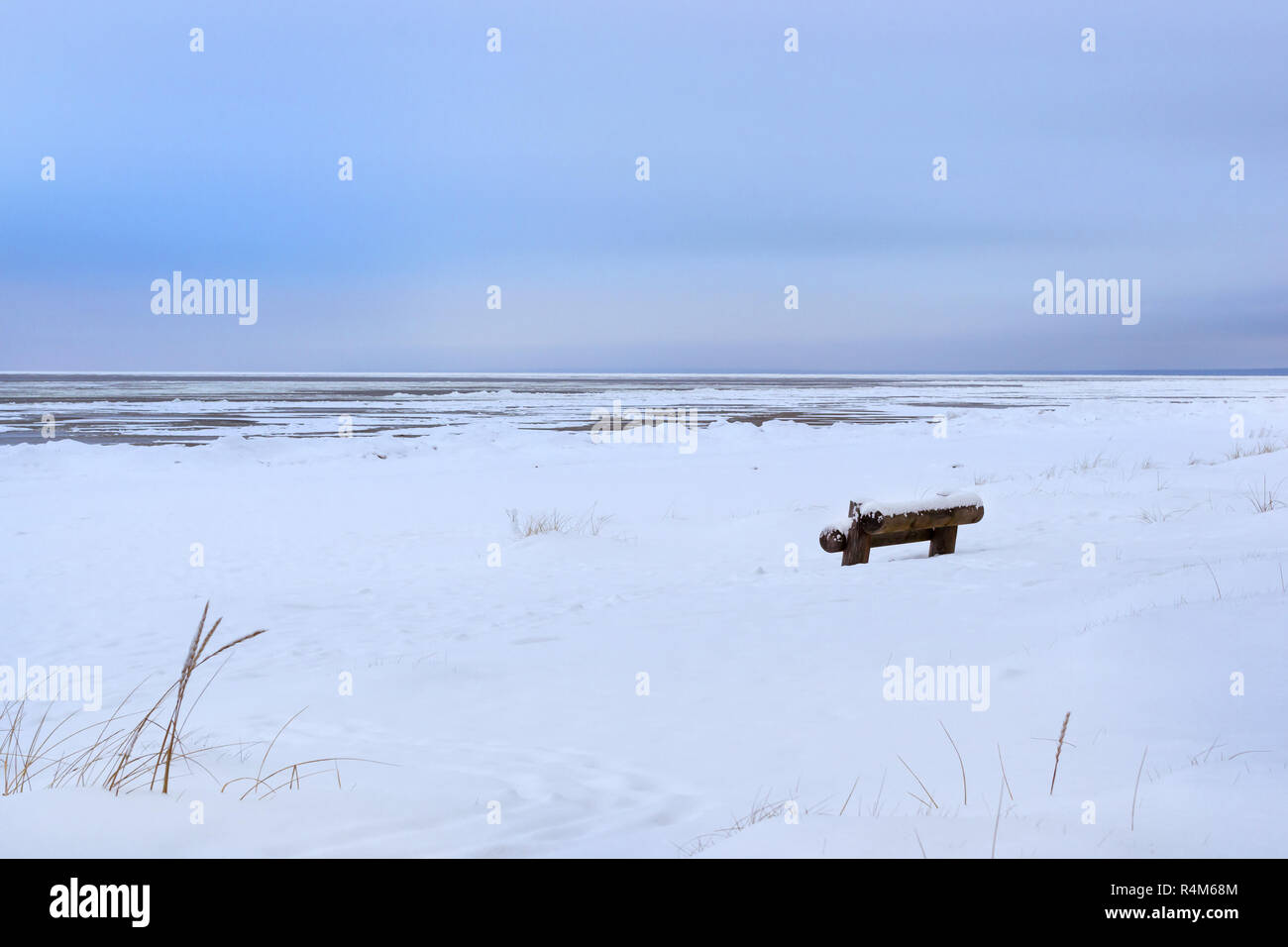 Giornata invernale sulla neve a riva di Narva Bay. Neve sul ghiaccio del congelati Golfo di Finlandia. Resort Narva-Joesuu città nel nord-est dell'Estonia nella contea di Ida-Virumaa. Grave inverno del nord e nevoso meteo Foto Stock