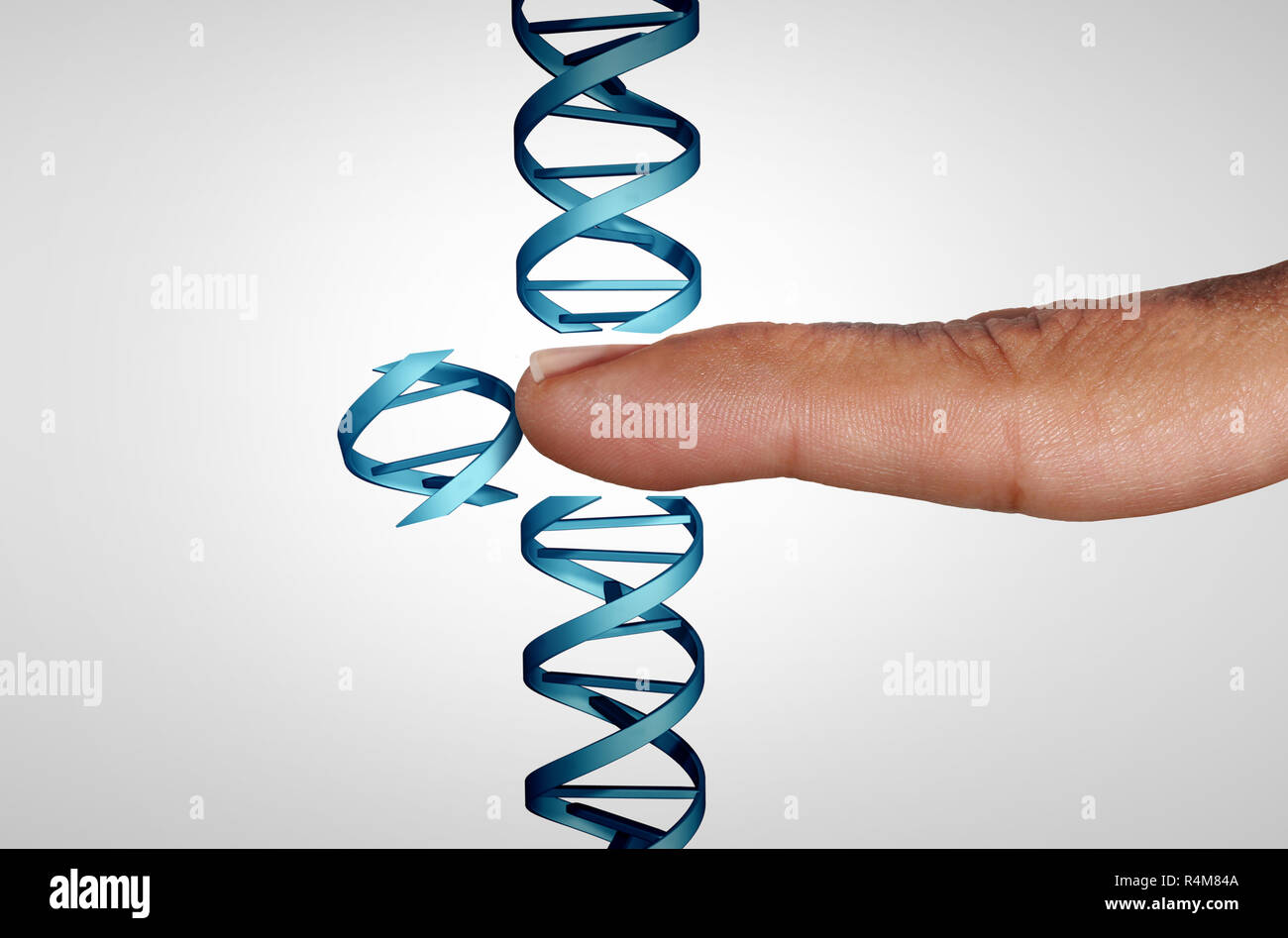 Modifica di geni e la manipolazione del gene come un genoma CRISPR engineering biotecnologia medica health care concetto con un filamento di DNA. Foto Stock