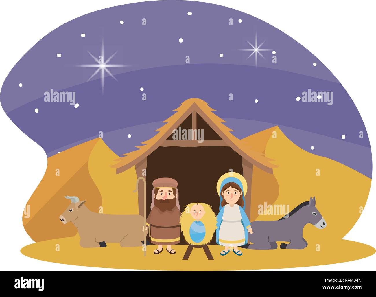 Immagini Natale Nativita.Natale Nativita Presepe Scena Con Giuseppe E Maria Con Gesu E Un Asino Con Cow Cartoon Illustrazione Vettoriale Graphic Design Immagine E Vettoriale Alamy