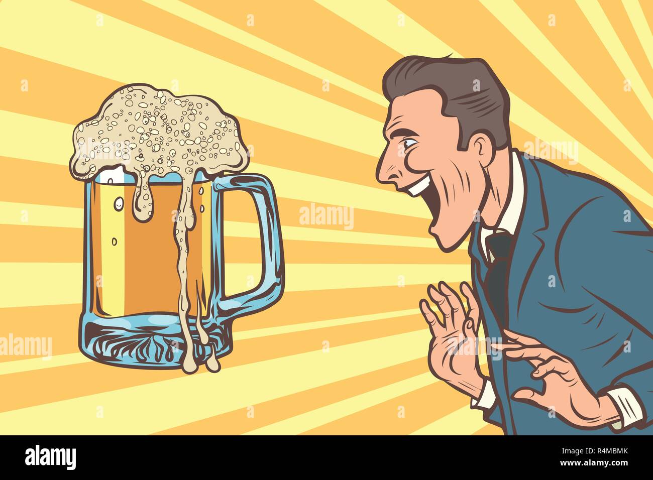 Uomo felice e una tazza di birra. La bevanda alcolica pub. Fumetto cartoon arte pop retrò illustrazione vettoriale disegno Illustrazione Vettoriale