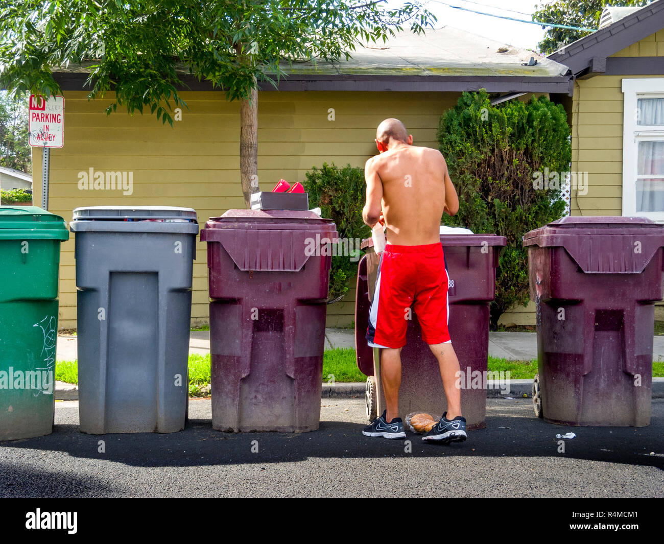 Un determinato senzatetto uomo ispanico cerca street cestino contenitori per cibo e gli oggetti di valore in Santa Ana CA. Foto Stock