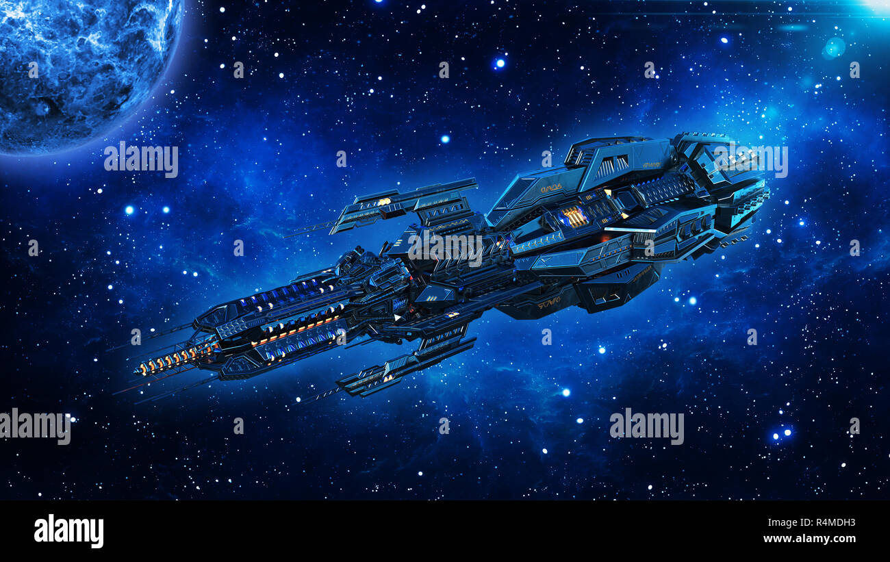 Alien mothership, astronave nello spazio profondo, navicelle UFO volare nell'universo con il pianeta e stelle, rendering 3D Foto Stock