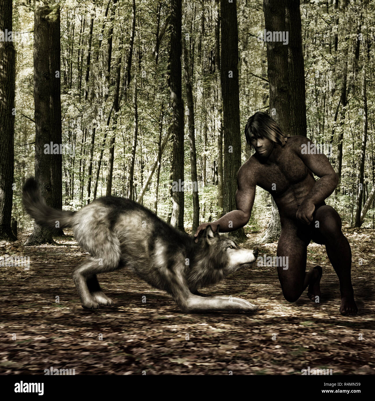 3D illustrazione di un uomo primordiale con Wolf Foto Stock