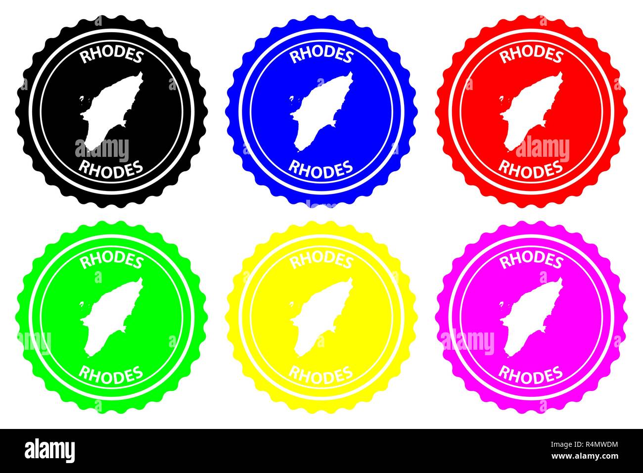 Rodi - timbro di gomma - vettore, l' isola di Rodi mappa pattern - adesivo - nero, blu, verde, giallo, viola e rosso Illustrazione Vettoriale