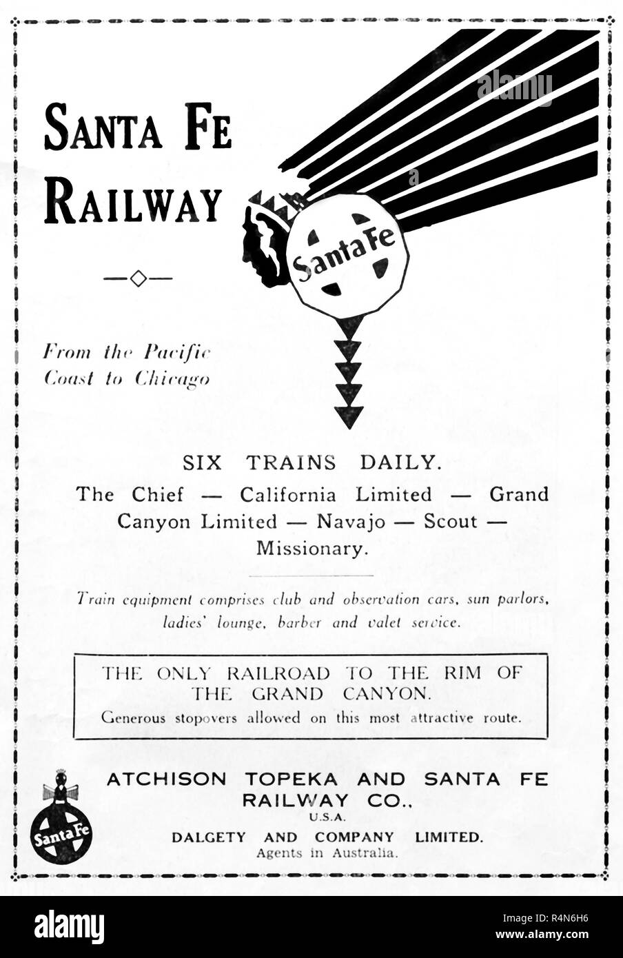 Pubblicità in un 1932 giornale australiano per la Atchison Topeka e Santa Fe Railway Co. Foto Stock