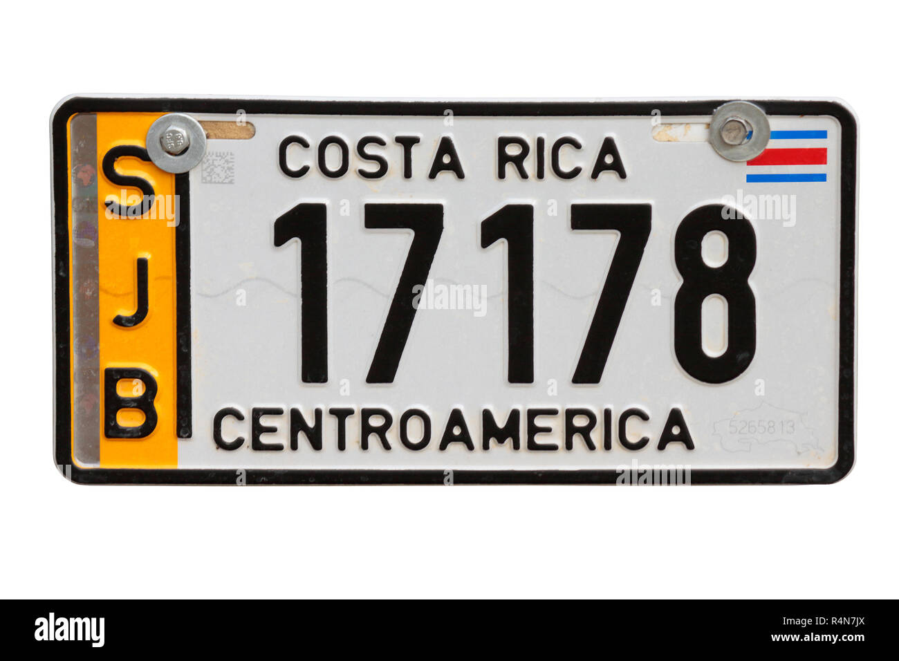 Una Costa Rica America centrale numero di targa - targa veicolo - piastra di registrazione per gli autobus, autobus o pullman isolato su uno sfondo bianco Foto Stock