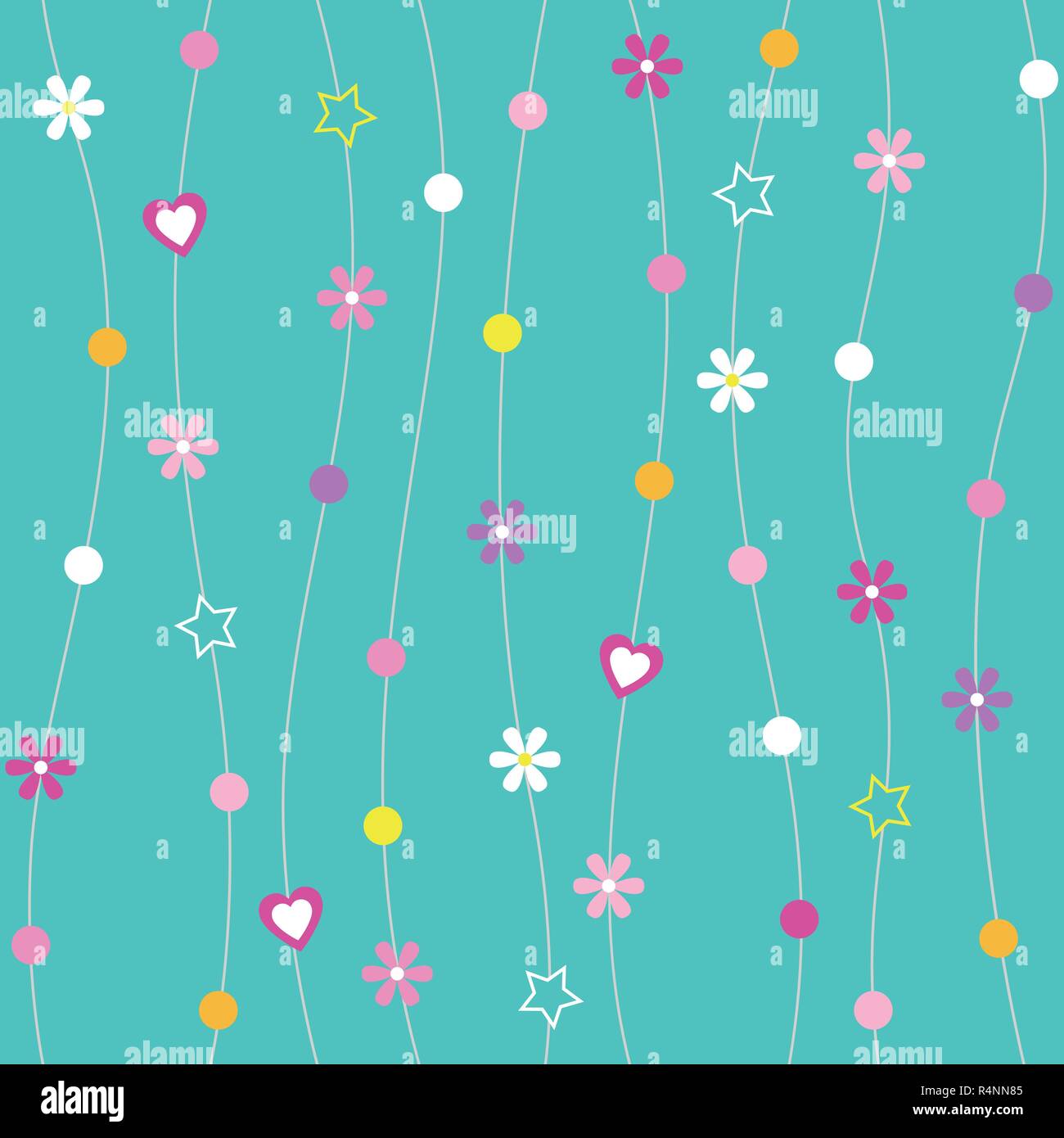 Cuori, fiori, Punti e stelle pattern con linee curve su sfondo turchese Illustrazione Vettoriale