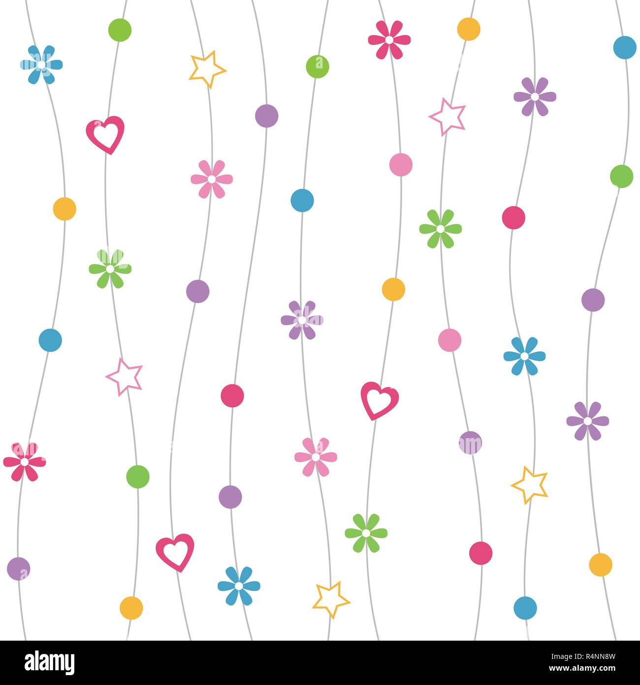 Cuori, fiori, Punti e stelle pattern con linee curve su sfondo bianco Illustrazione Vettoriale