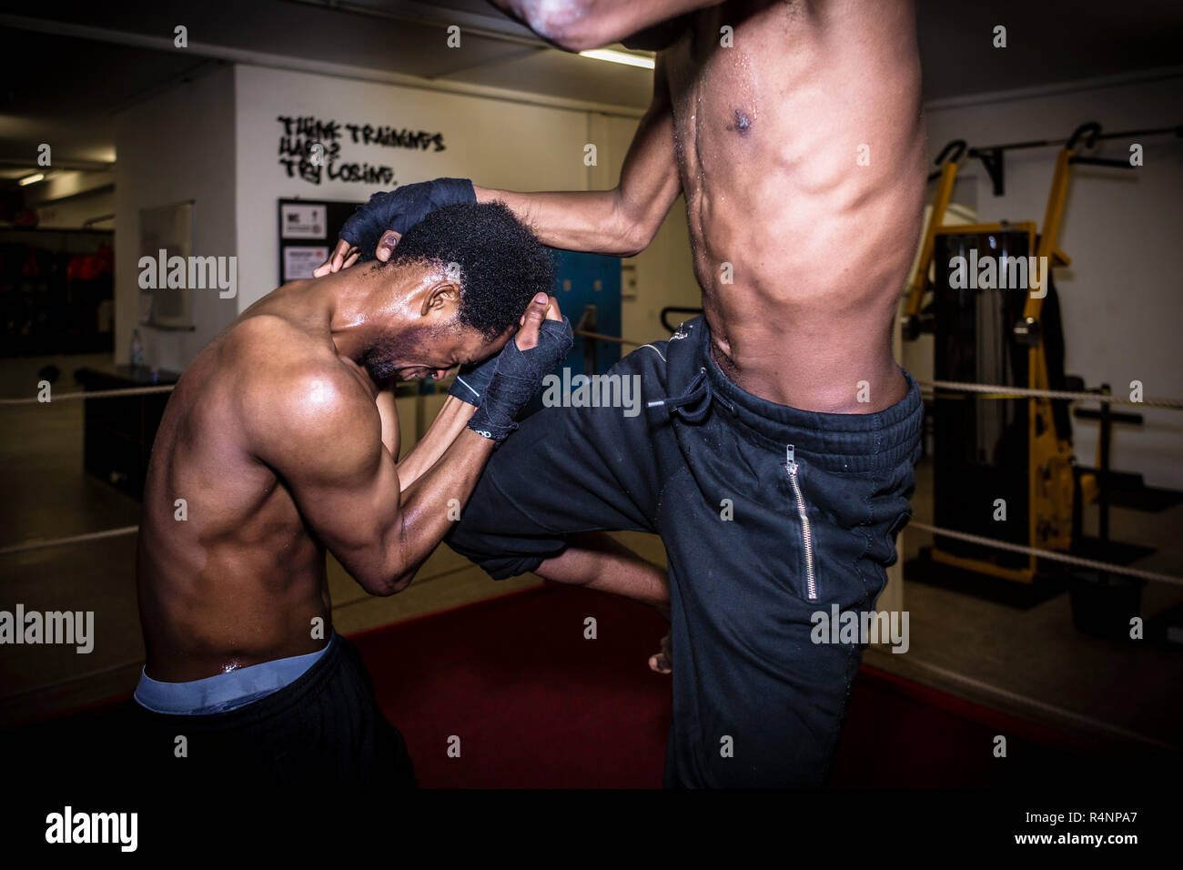 Agile fighter in posizione difensiva proteggendo la sua faccia da colpire durante il match di MMA Foto Stock