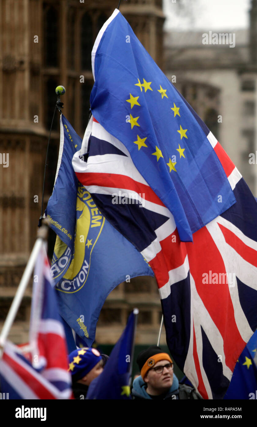 Londra. Regno Unito. 28 Novembre, 2018. Anti-Brexit manifestanti, dal Galles, tenere i flag come protestano al di fuori della sede del Parlamento. Credit:Abby Deus./TSL/Alamy Live News Foto Stock