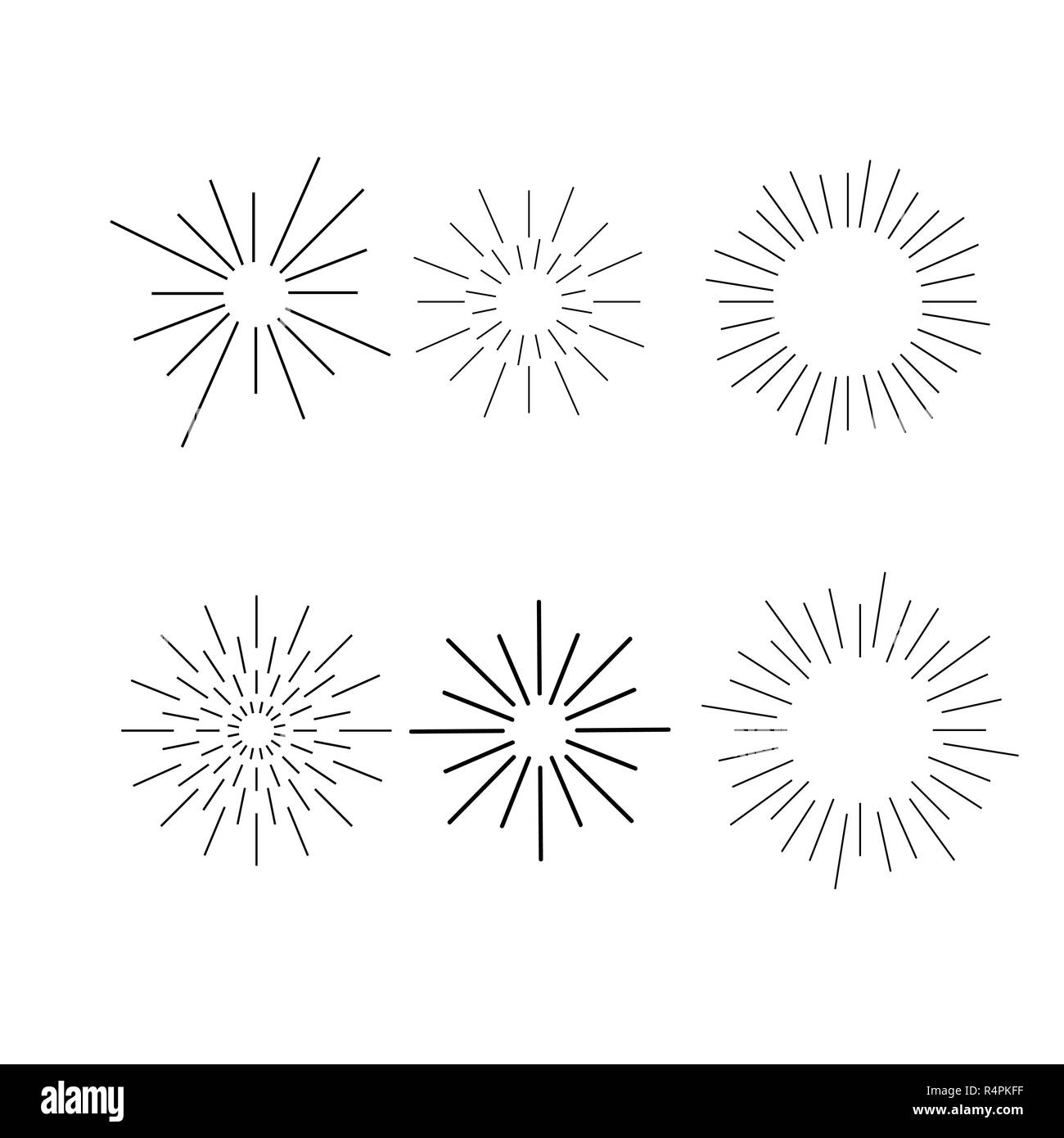 Sunburst inchiostro disegnata a mano vector set. Vintage e hipster raggi solari insieme frames. Parte quattro. Illustrazione Vettoriale