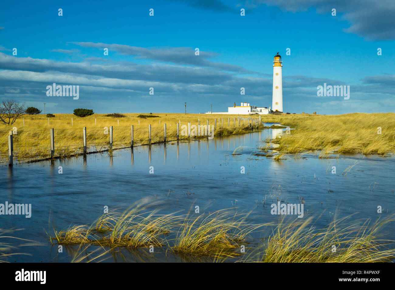 Barns Ness faro, East Lothian, Scozia. L'edificio è in parte riflessa in una zona allagata da prati. Foto Stock