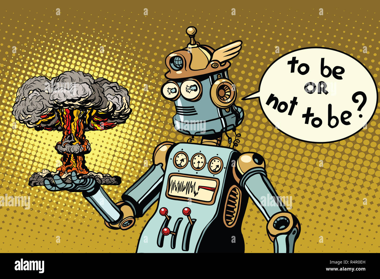 Robot retrò e una esplosione nucleare, di guerra e di conflitto Foto Stock