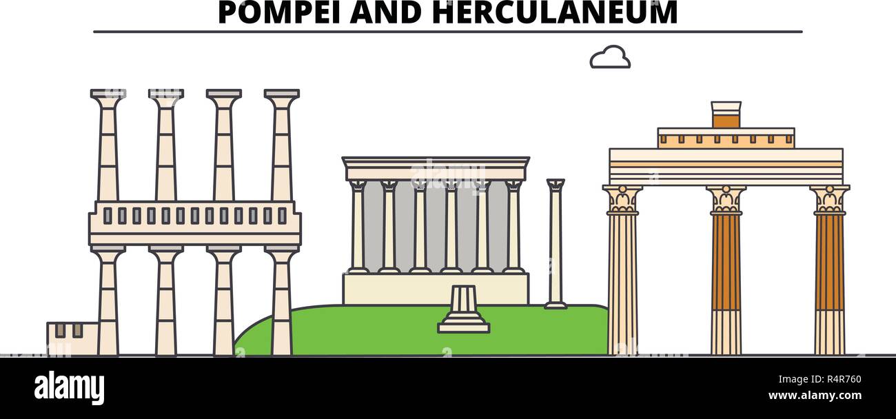 Aree archeologiche di Pompei, Ercolano e Torre Annunziata la corsa in linea landmark, skyline, vettore design. Aree archeologiche di Pompei, Ercolano e Torre Annunziata illustrazione lineare. Illustrazione Vettoriale