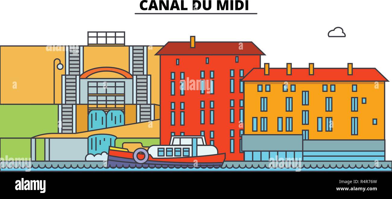 Il Canal du Midi di corsa in linea landmark, skyline, vettore design. Canal Du Midi illustrazione lineare. Illustrazione Vettoriale