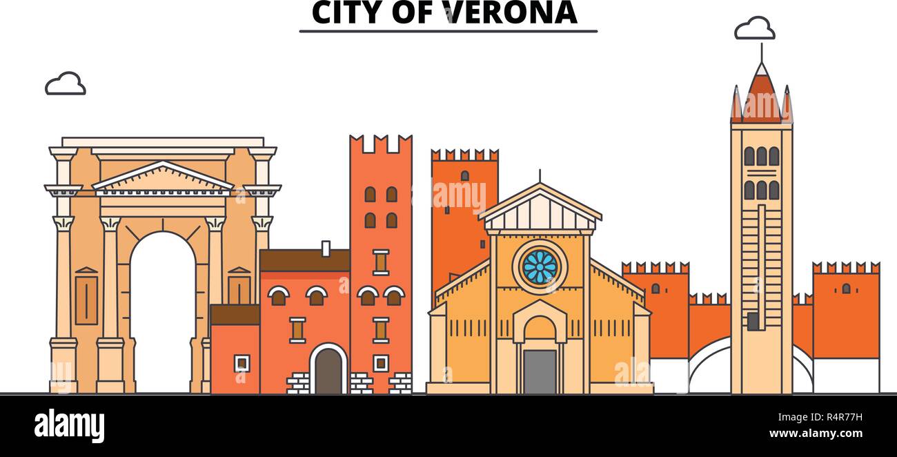 Città di Verona la corsa in linea landmark, skyline, vettore design. Città di Verona lineare illustrazione. Illustrazione Vettoriale