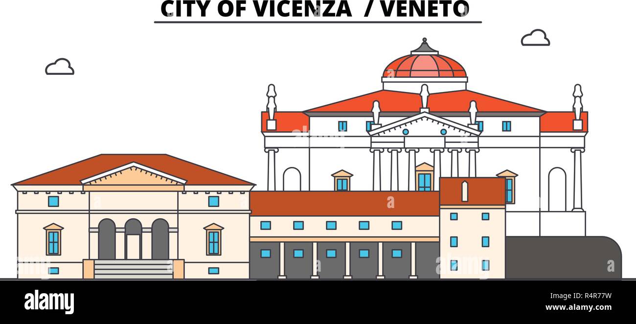 Città di Vicenza - Veneto Viaggi di linea landmark, skyline, vettore design. Città di Vicenza - Veneto illustrazione lineare. Illustrazione Vettoriale