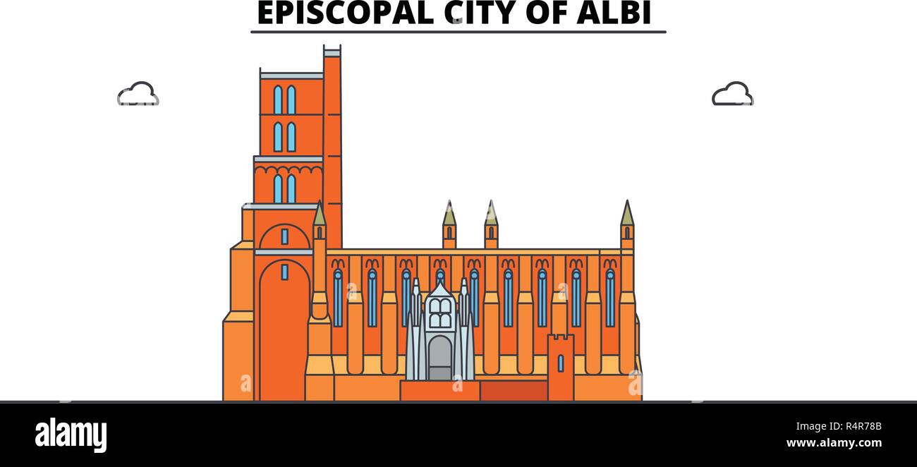 Città episcopale di Albi la corsa in linea landmark, skyline, vettore design. Città episcopale di Albi illustrazione lineare. Illustrazione Vettoriale