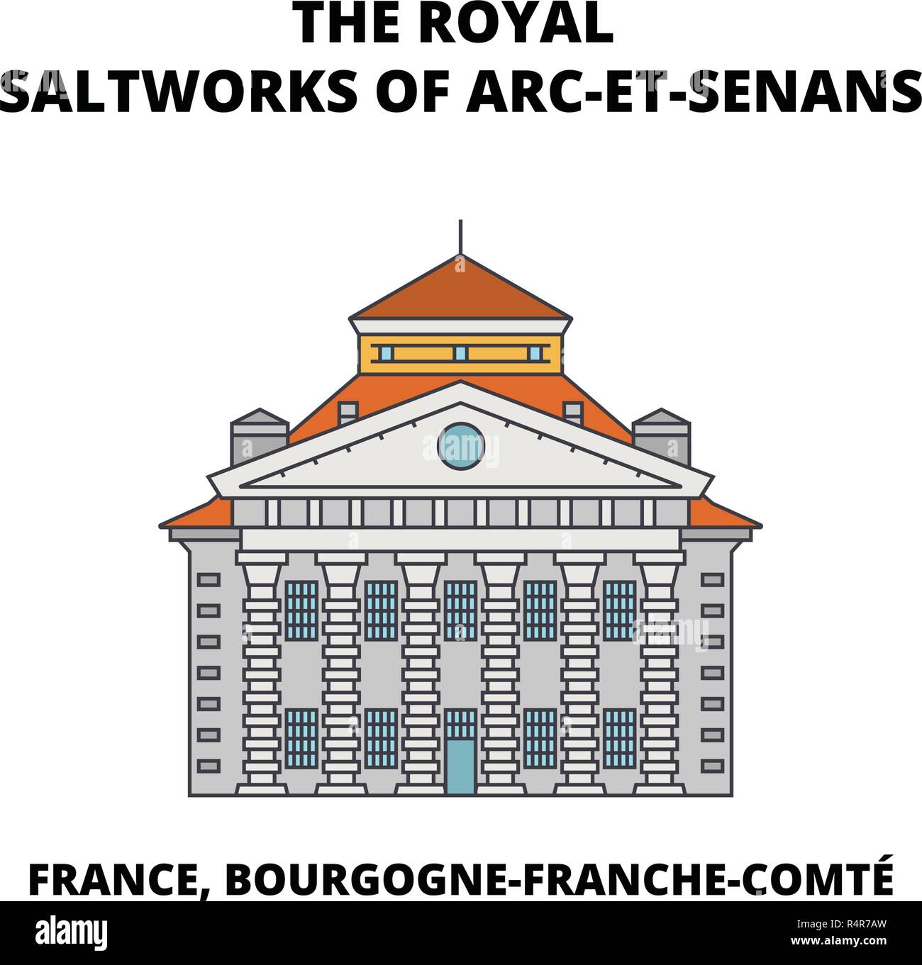 Francia, Bourgogne-Franche-ComtE - Dalle Grandi Saline di Salins-Les-Bains al Royal Saltwork corsa in linea, punto di riferimento dello skyline di disegno vettoriale Illustrazione Vettoriale