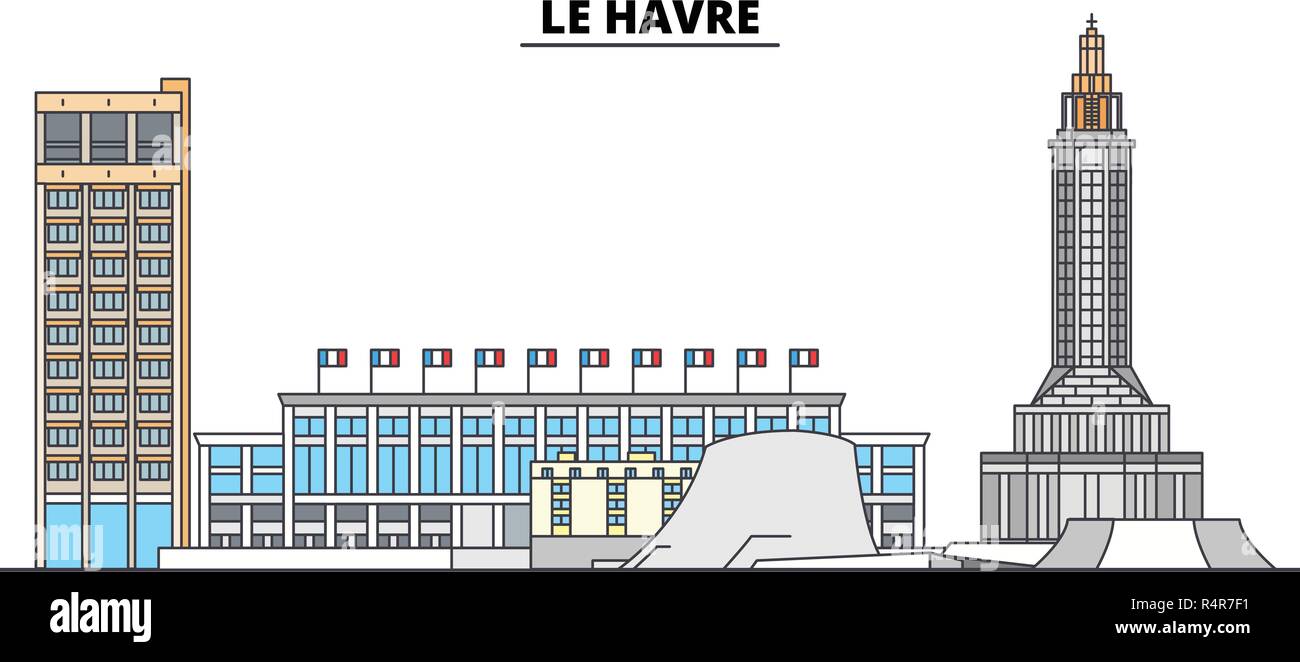 Le Havre la corsa in linea landmark, skyline, vettore design. Le Havre illustrazione lineare. Illustrazione Vettoriale