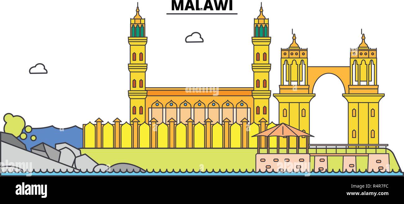 Linea di Malawi skyline illustrazione vettoriale. Il Malawi paesaggio urbano lineare con i famosi punti di riferimento della città, vettore, design landscape. Illustrazione Vettoriale