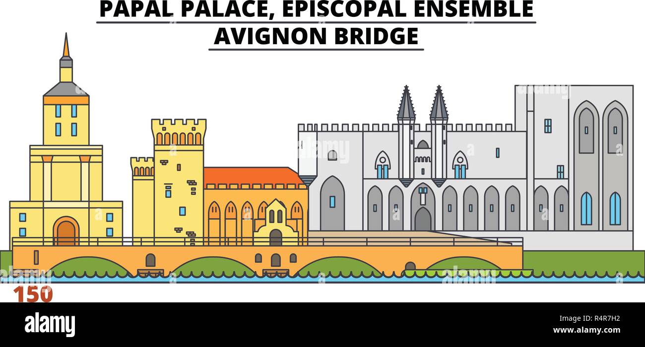 Palazzo Papale, complesso episcopale - Ponte di Avignone la corsa in linea landmark, skyline, vettore design. Palazzo Papale, complesso episcopale - Ponte di Avignone illustrazione lineare. Illustrazione Vettoriale