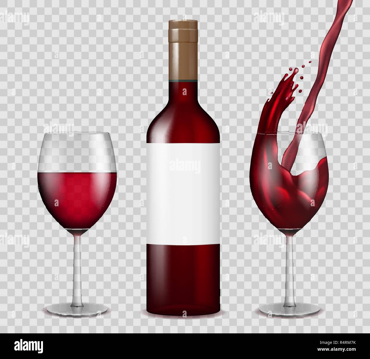 Trasparente bottiglia di vino e wineglasses mockup. vino rosso splash in bottiglia e bicchieri isolato. Illustrazione Vettoriale. Illustrazione Vettoriale
