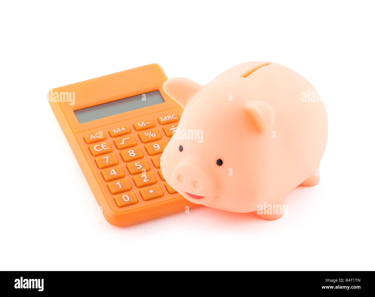 Salvadanaio con calcolatrice arancione Foto Stock