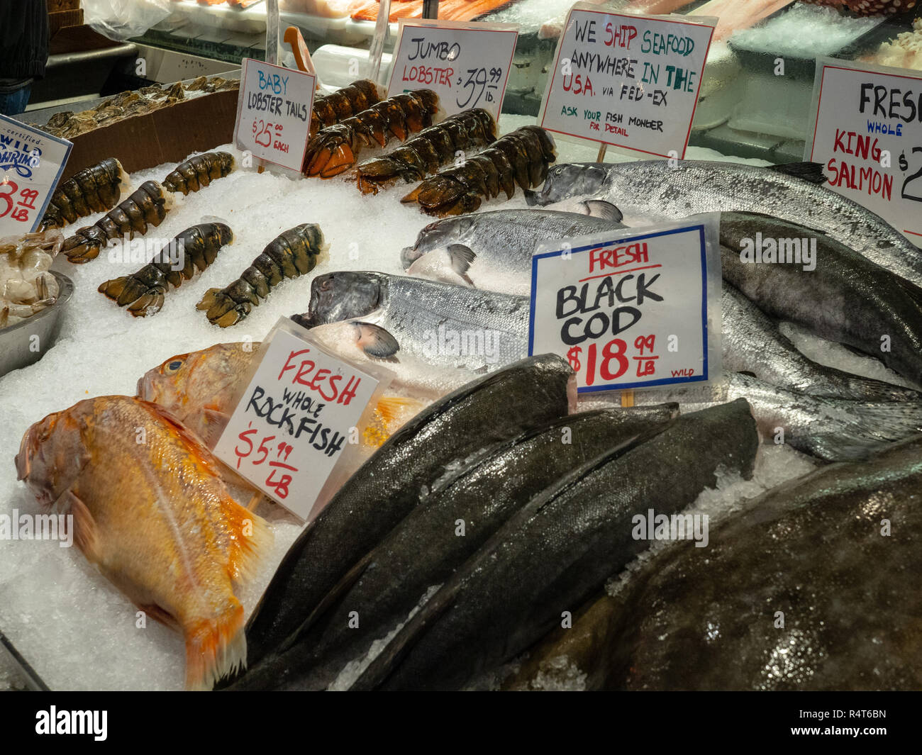 Merluzzo nero, il pesce, aragosta e altri frutti di mare seduti in ghiaccio di un negozio di fronte a un mercato del pesce Foto Stock