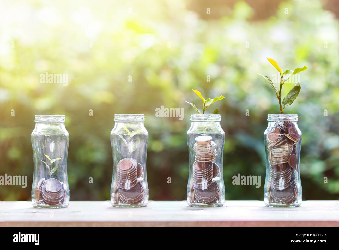 Risparmio di denaro e di concetto di investimento : monete impilate in 4 passo crescente con impianto a tavolo in legno con la natura dello sfondo. Mostra investme sostenibile Foto Stock