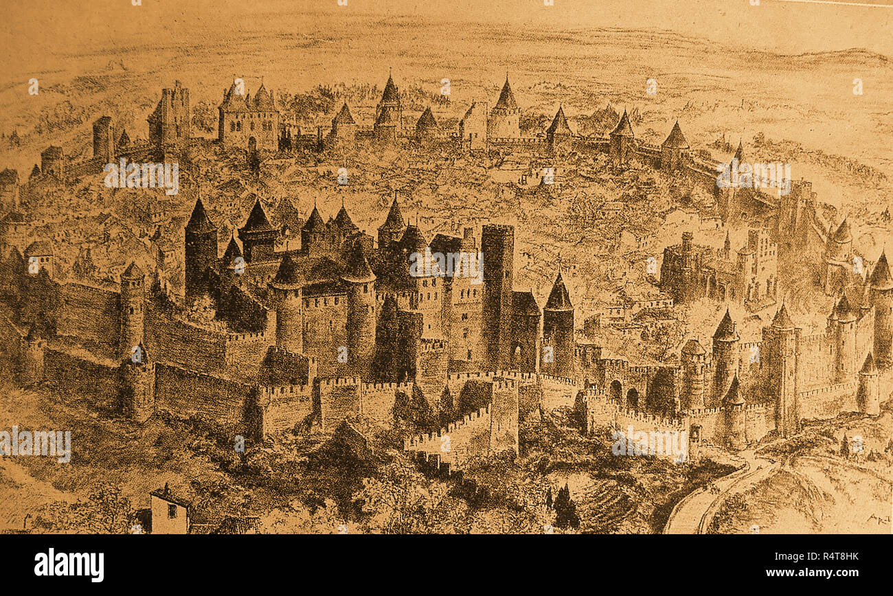 La città fortificata di Carcassonne, Francia, totalmente città fortificata, come lo è stato nei tempi antichi. È ancora la più grande città murata in Europa con una cinta muraria ancora intatta Foto Stock