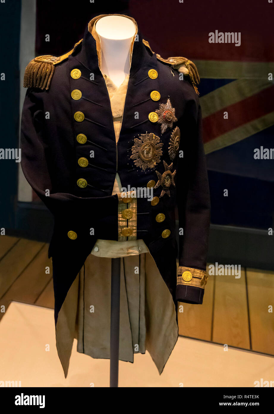 Uniforme e Epaulettes indossata da Lord Nelson nella battaglia di Trafalgar, Foto Stock