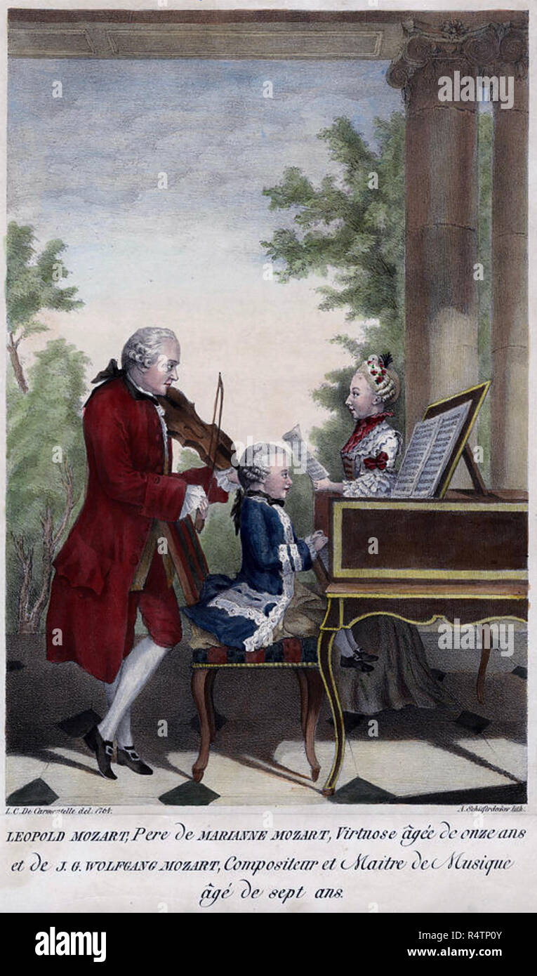 WOLFGANG Amadeus Mozart (1756-1791) La famiglia in tour in un acquerello di circa 1763 con Padre Leopoldo e madre Nannerl Foto Stock