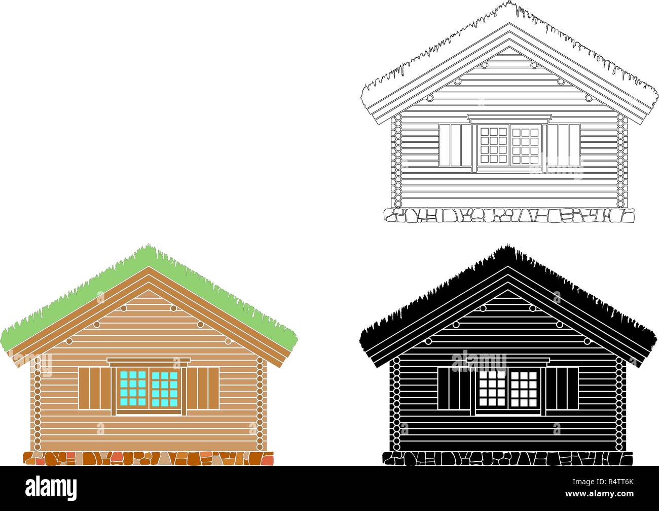 Tradizionale norvegese casa di tronchi . Il tetto è coperto con greensward. Illustrazione Vettoriale. Nero,Bianco e colore silhouette. Illustrazione Vettoriale