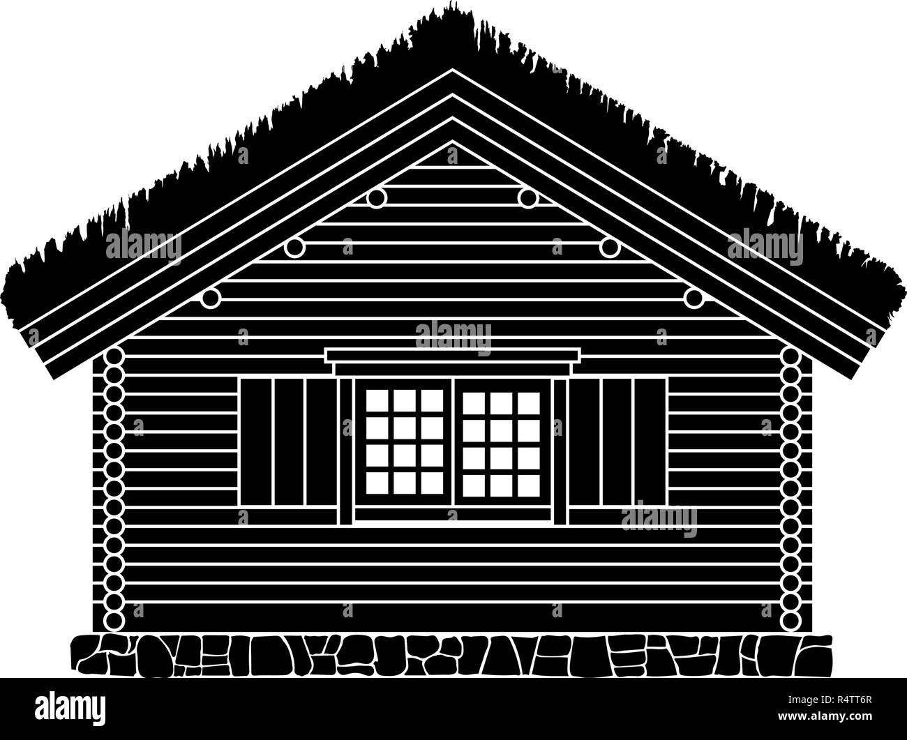 Tradizionale norvegese casa di tronchi . Il tetto è coperto con greensward. Illustrazione Vettoriale. Silhouette nera. Illustrazione Vettoriale