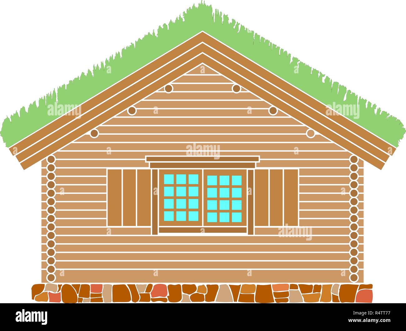 Tradizionale norvegese casa di tronchi . Il tetto è coperto con greensward. Illustrazione Vettoriale. Silhouette di colore. Illustrazione Vettoriale