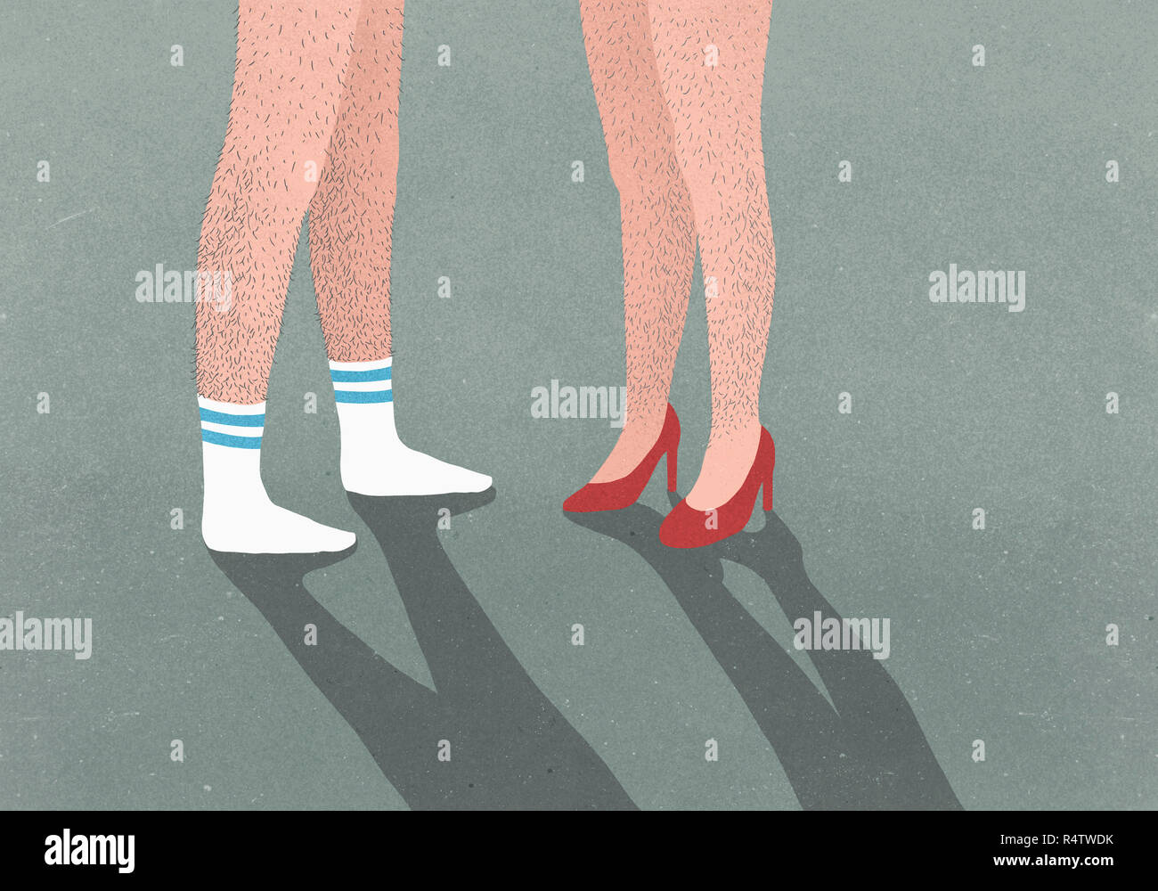 Sezione bassa dell'uomo indossare calze sportive e donna di indossare tacchi alti sia con gambe pelose Foto Stock