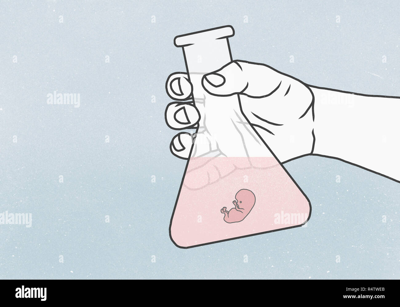 Dettaglio della mano che tiene beuta contenente embrione umano in un liquido Foto Stock