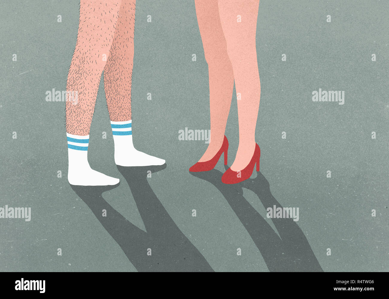 Sezione bassa uomo con gambe pelose indossare calze sportive e donna di indossare tacchi alti Foto Stock