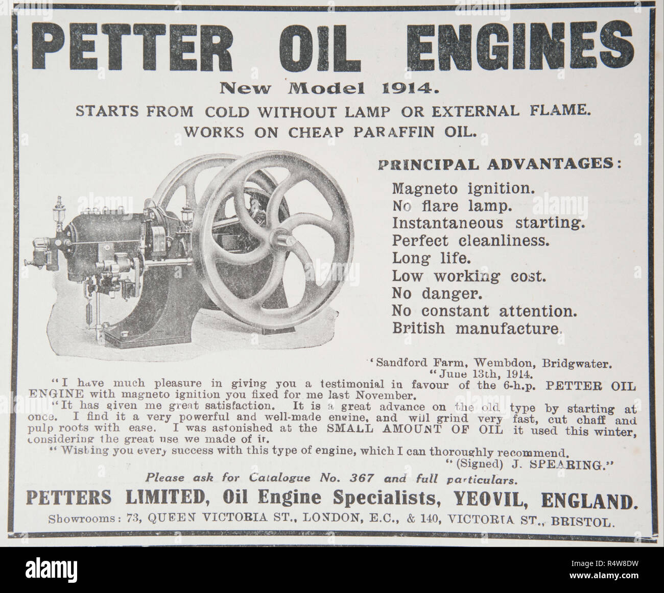 Un vecchio annuncio per Petter motori ad olio. Da una rivista britannica dal periodo 1914-1919. Inghilterra REGNO UNITO GB Foto Stock