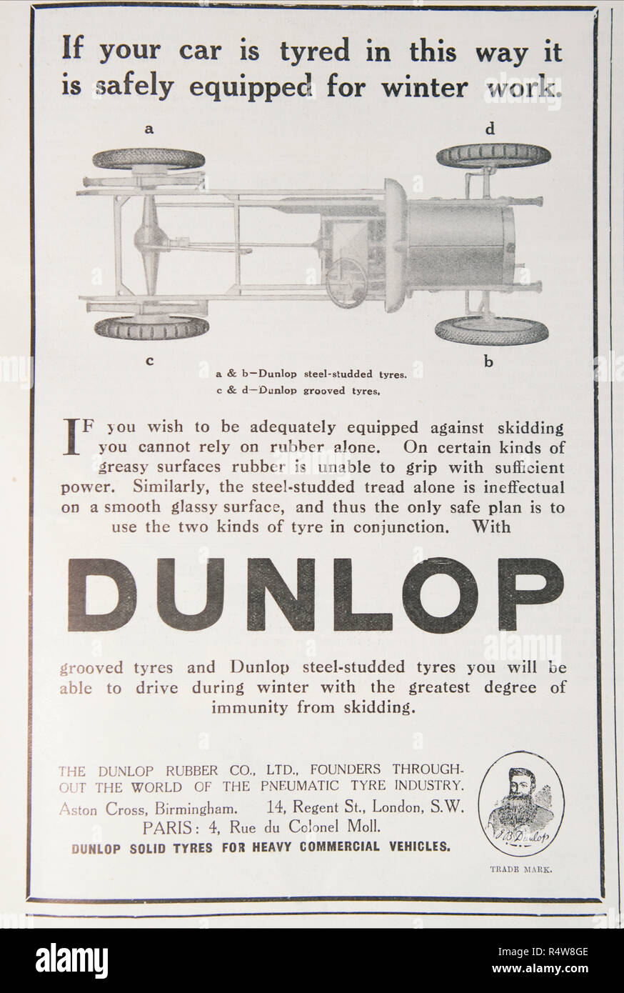 Un vecchio annuncio per pneumatici Dunlop. Da una rivista britannica dal periodo 1914-1919. Inghilterra REGNO UNITO GB Foto Stock