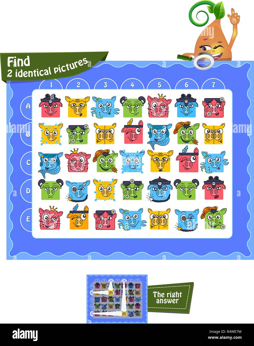 Attenzione educativa gioco per bambini e adulti. Compito del gioco trovare 2 immagini identiche Illustrazione Vettoriale