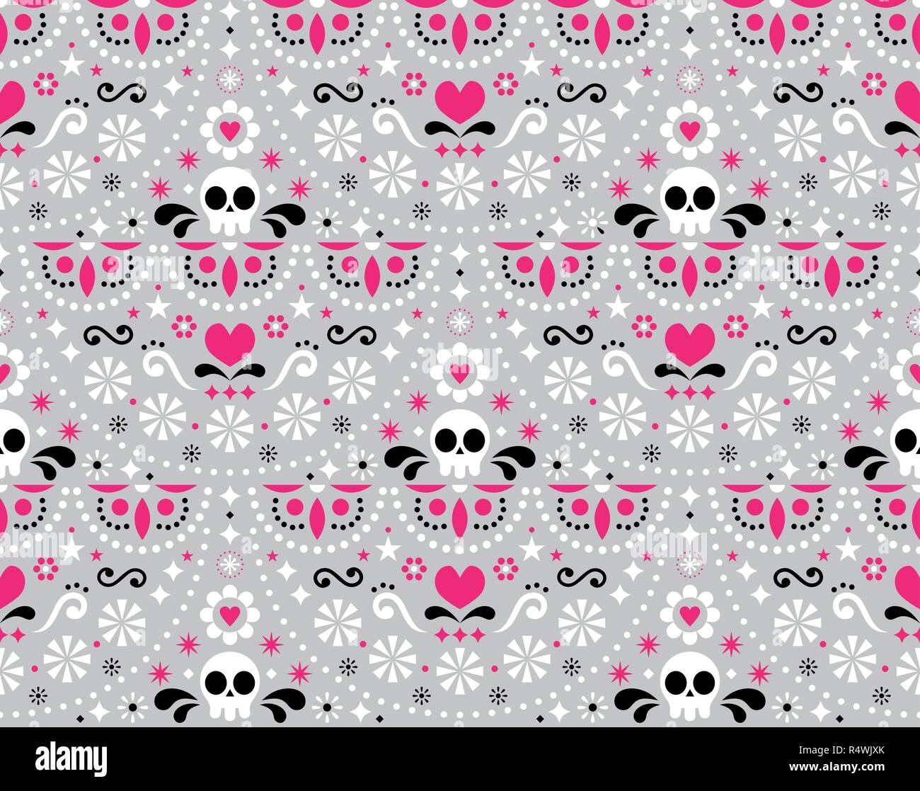 Arte popolare messicana vector seamless pattern con teschi, fiori e forme astratte, rosa, bianco e grigio textile design ispirato dalla tradizionale arte per Illustrazione Vettoriale