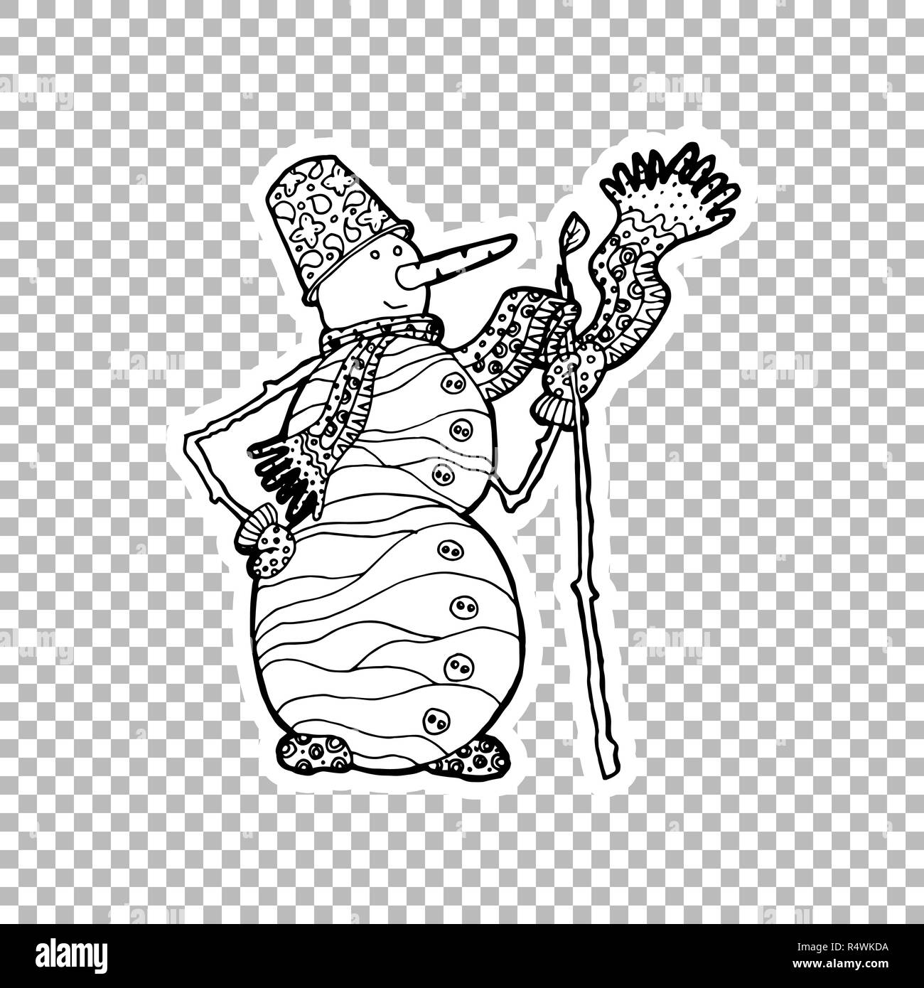 Pupazzo di neve carattere lineare del vettore illustrazione. Inverno disegnati a mano le immagini clipart. Nero e adesivo bianco su sfondo trasparente. Natale e Anno nuovo decoro. Pupazzo di neve libro da colorare isolato elemento di design Illustrazione Vettoriale