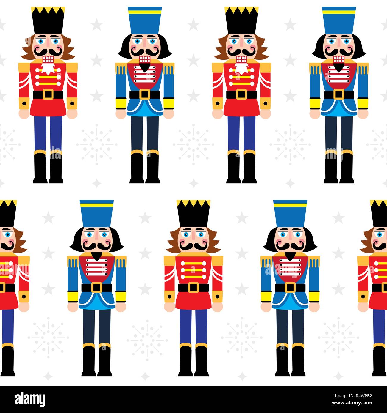 Natale schiaccianoci vector seamless pattern - soldato ripetitive di figurine di ornamento con i fiocchi di neve su sfondo bianco Illustrazione Vettoriale